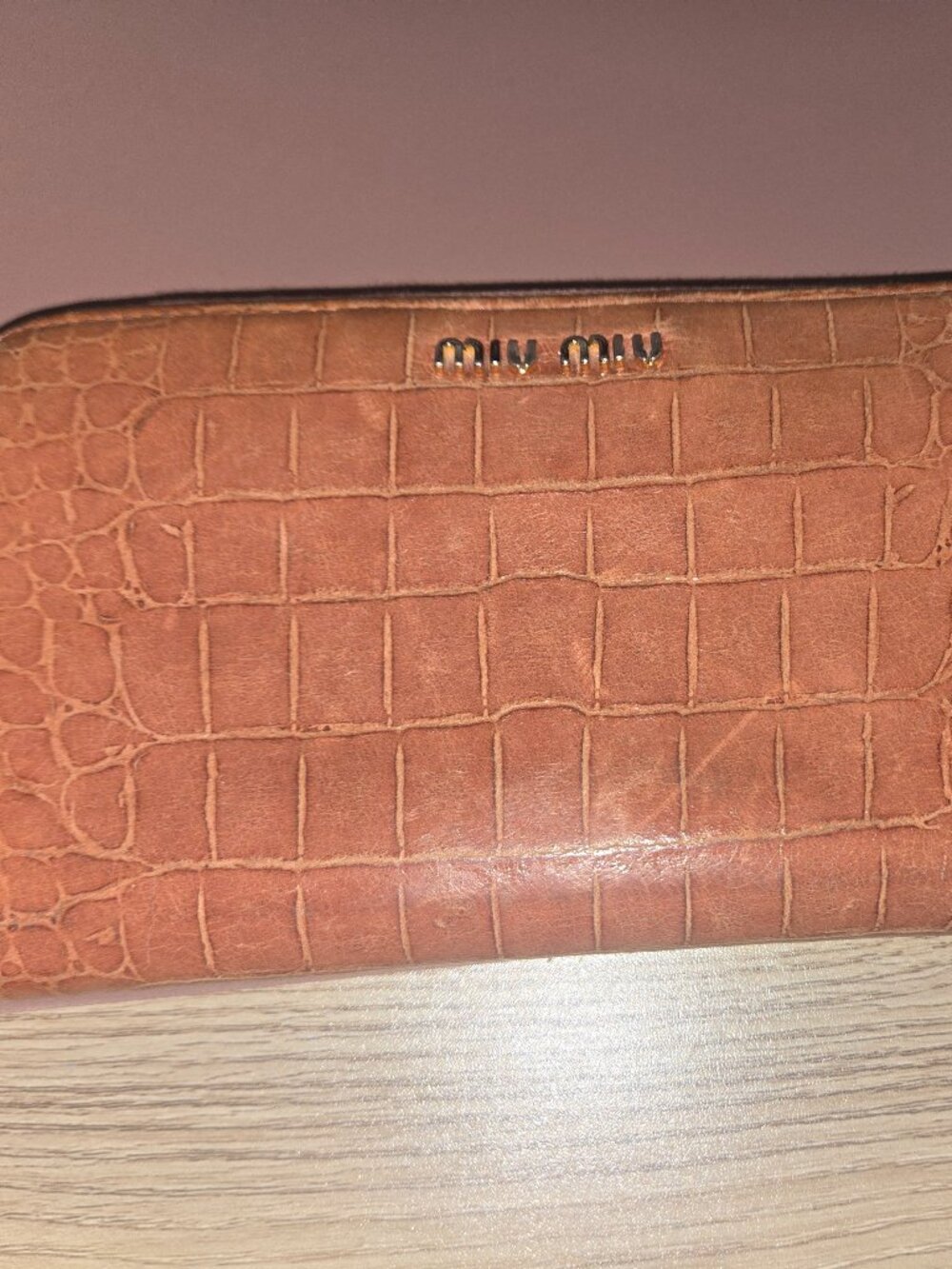 Miu Miu Croc-Embossed Leather Zip Around Wallet – Cognac Brown